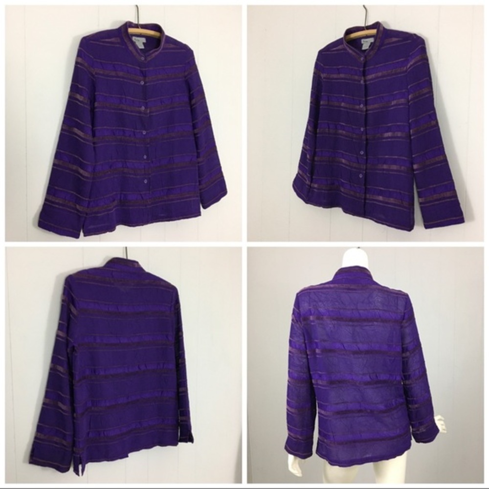 Analogy Royal Purple Shirt Top M Crinkle Velvet Sheer Woman’s Classy Dressy - Picture 3 of 9